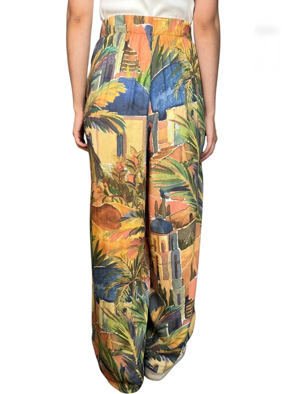 Oysho Tropical Print Wide Leg Palazzo Pants Size L Elastic Back Viscose Resort - Picture 8 of 12